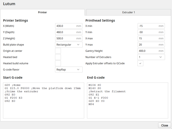 Printer setup in Cura described using a screenshot from settings window