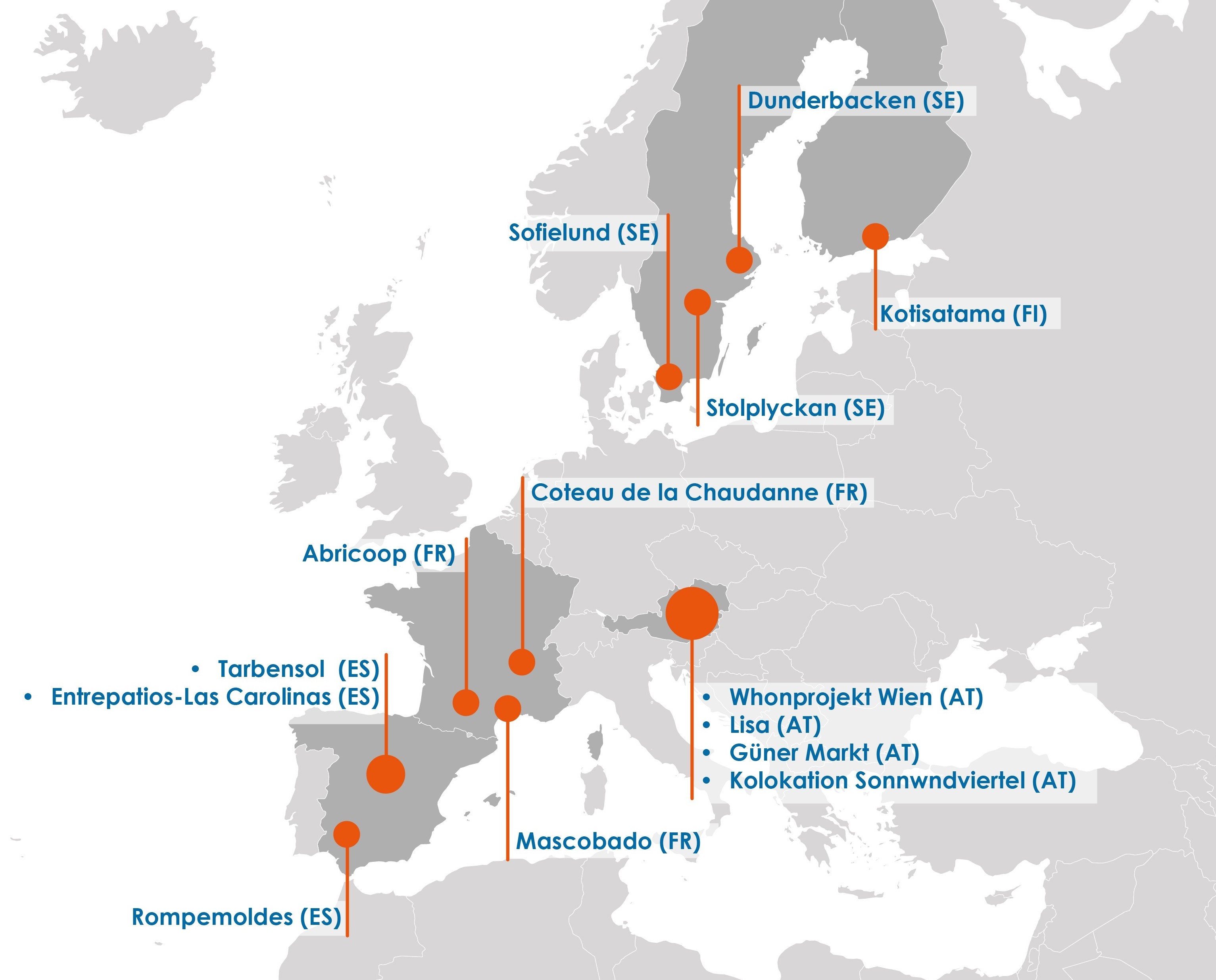 Map of CO-HOPE case studies. Illustration.