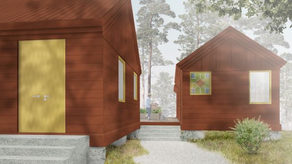 Two wooden houses with trees in the background. Illustration.